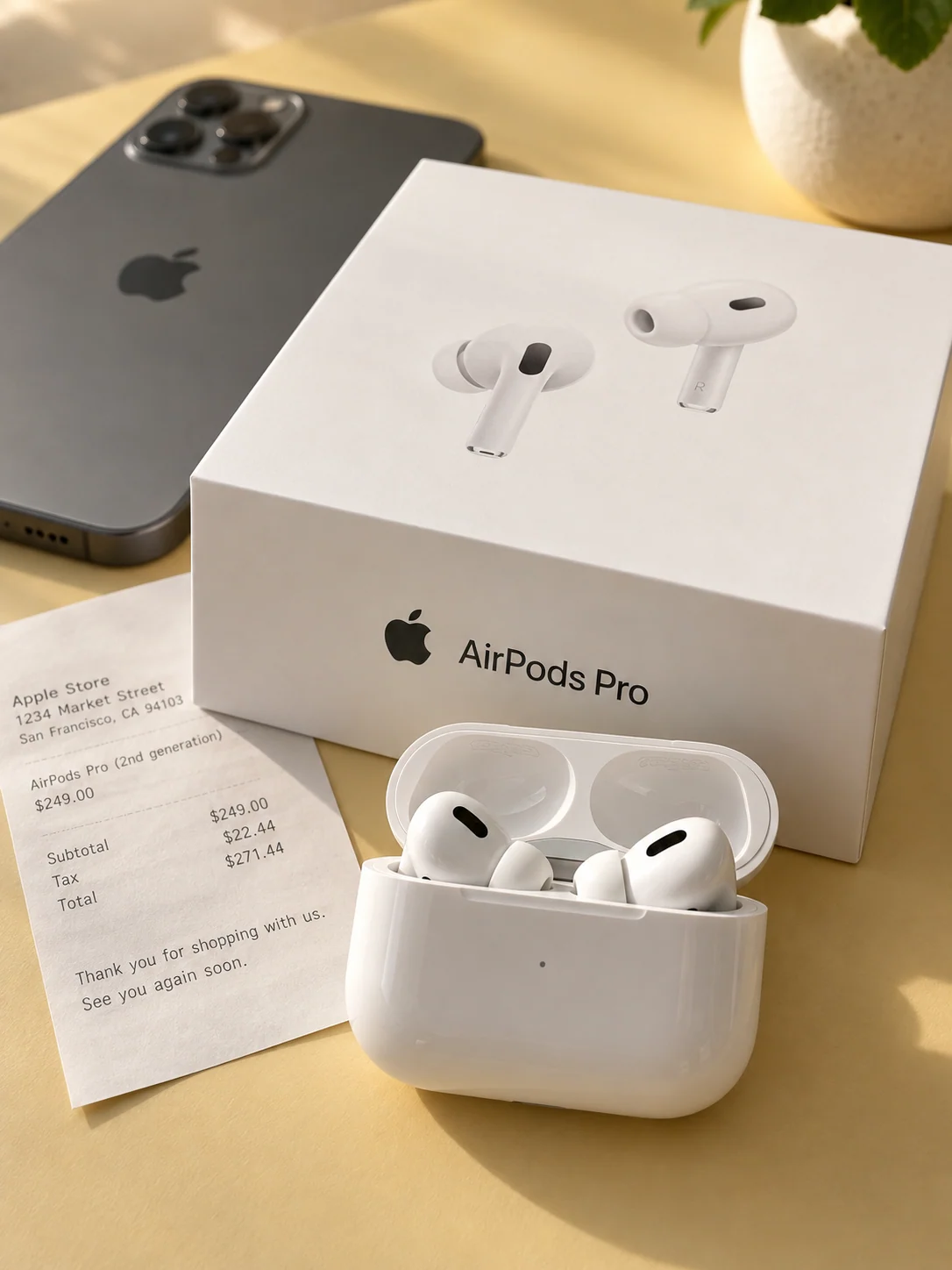 Apple AirPods Pro 耳机、苹果标志包装和购物小票，生成商品场景图