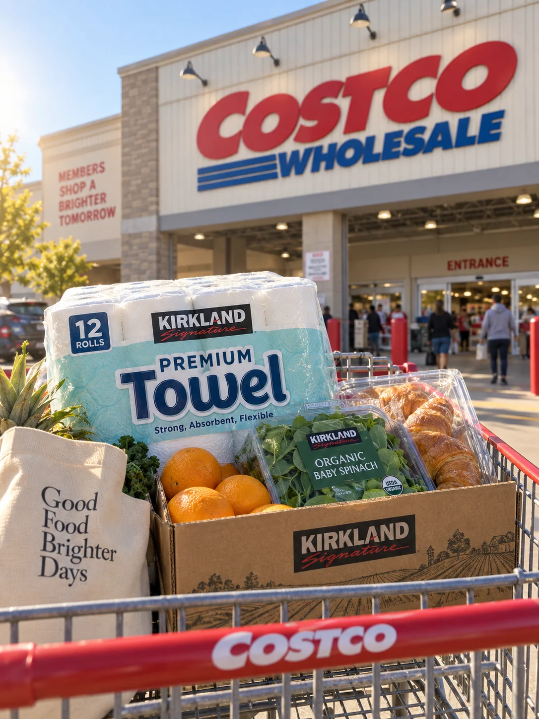 开市客门店前带有 Costco 和 Kirkland 品牌标识的购物车，生成场景图