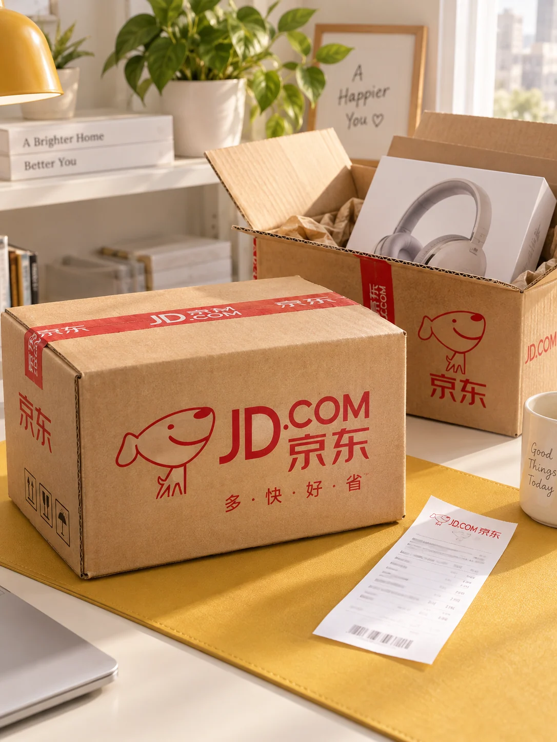 印有京东 JD.COM 标识的包裹与订单小票，生成场景图