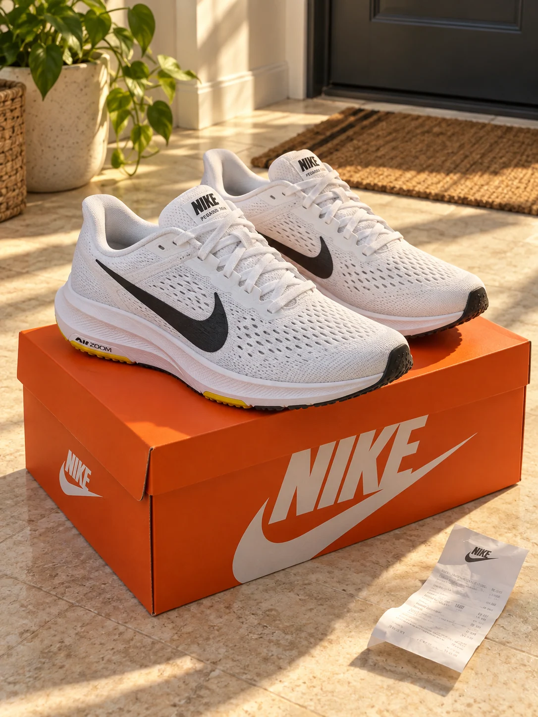 带有 Nike Swoosh 标识的运动鞋和橙色耐克鞋盒，生成商品场景图